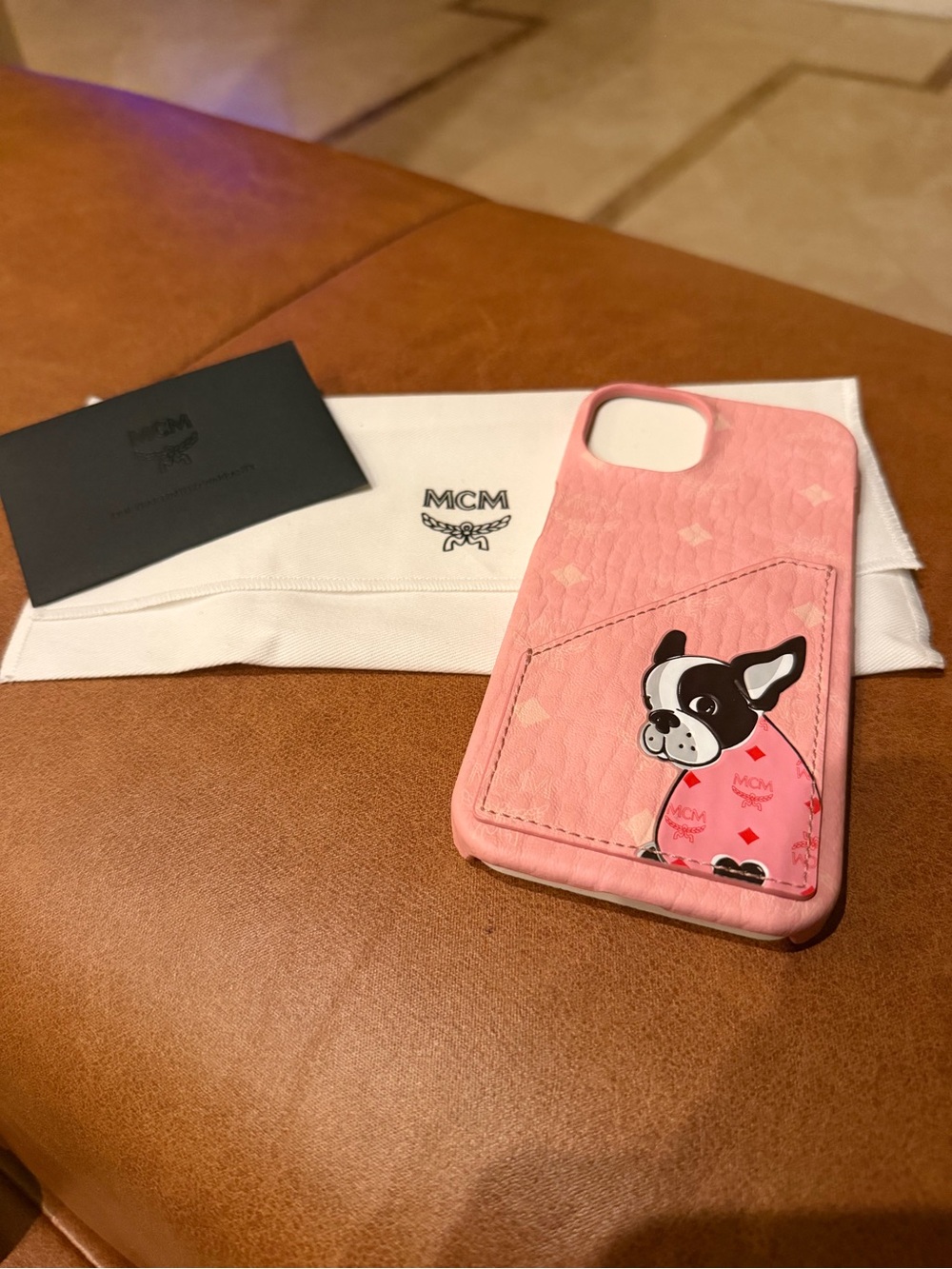 Authentic MCM Soft Pink Visetos French Bulldog Card Pocket iPhone Case